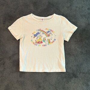 White baby tee with horse and rainbow details